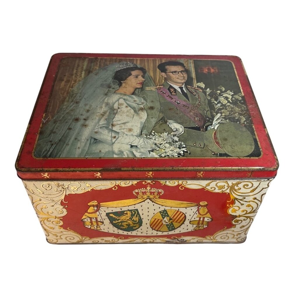 Belgian Royal Wedding King Albert II & Queen Paola Tin Box Shield Crown Vintage